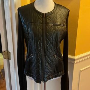Long sleeve black ribbed sweater trimmed in leather front zip